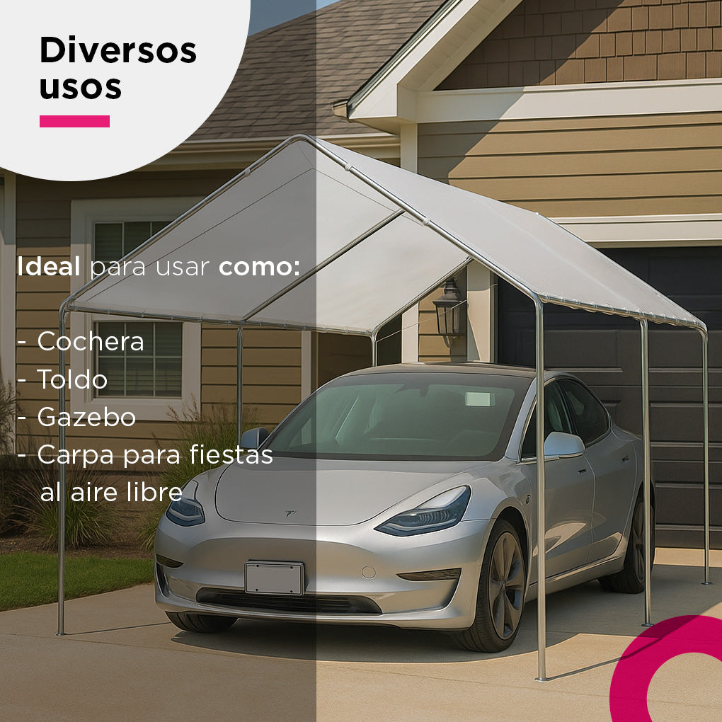 Toldo Carpa de Uso Rudo 6x3m Blanco con Uniones Metálicas, Estructura de Acero y 6 Bases de Apoyo