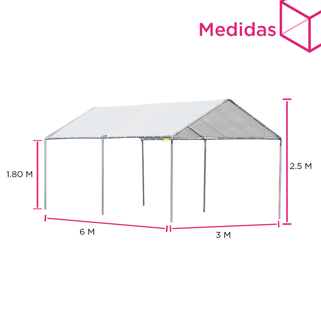 Toldo Carpa de Uso Rudo 6x3m Blanco con Uniones Metálicas, Estructura de Acero y 6 Bases de Apoyo