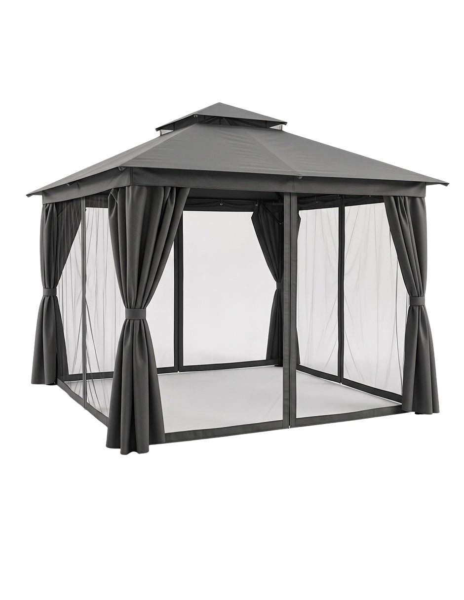 Toldo Exterior Oregón 3.6 x 3m Gris con Cortinas, Malla Anti-Insectos y Doble Ventila