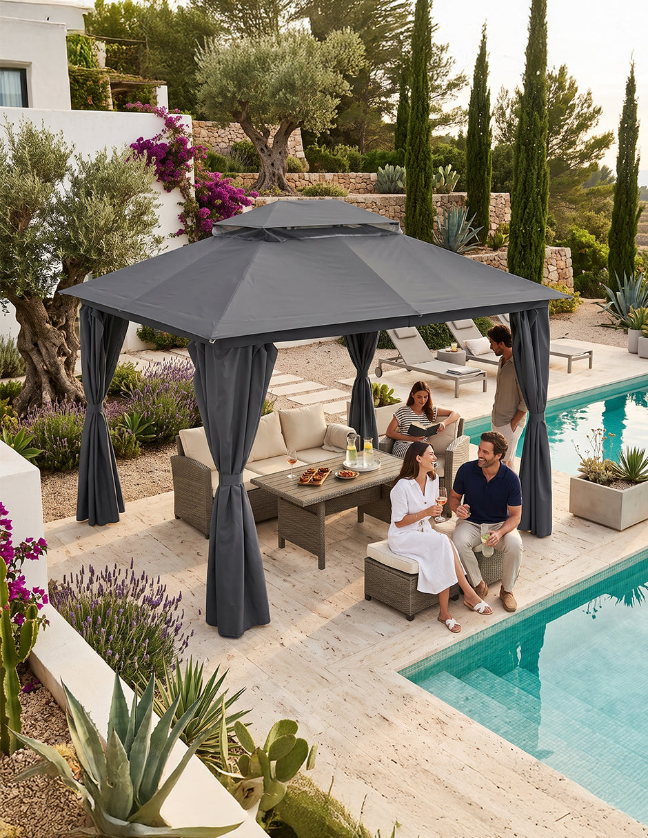 Toldo Exterior Oregón 3.6 x 3m Gris con Cortinas, Malla Anti-Insectos y Doble Ventila