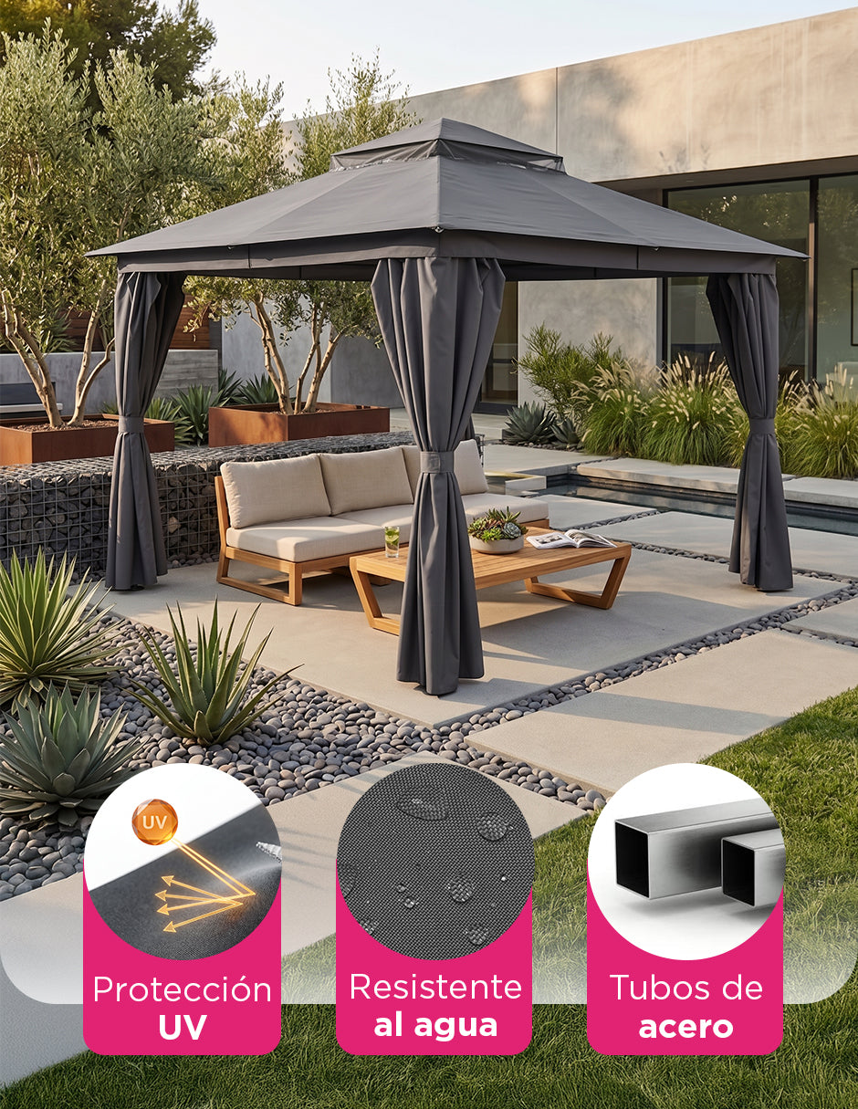Toldo Exterior Oregón 3.6 x 3m Gris con Cortinas, Malla Anti-Insectos y Doble Ventila