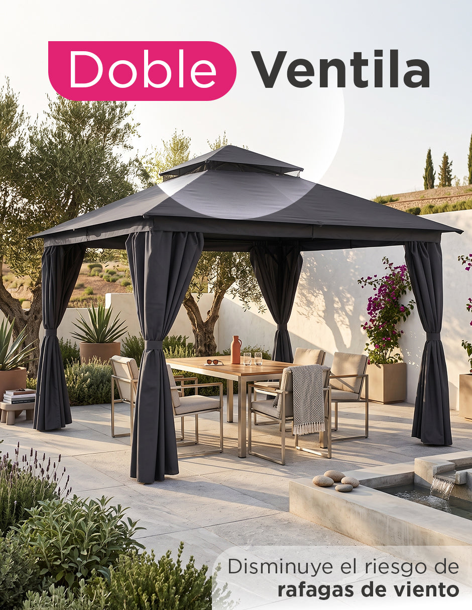 Toldo Exterior Oregón 3.6 x 3m Gris con Cortinas, Malla Anti-Insectos y Doble Ventila