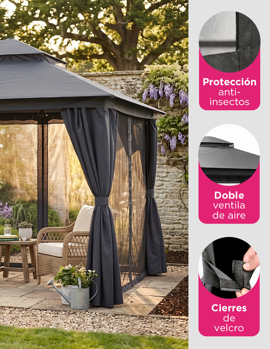 Toldo Exterior Oregón 3.6 x 3m Gris con Cortinas, Malla Anti-Insectos y Doble Ventila