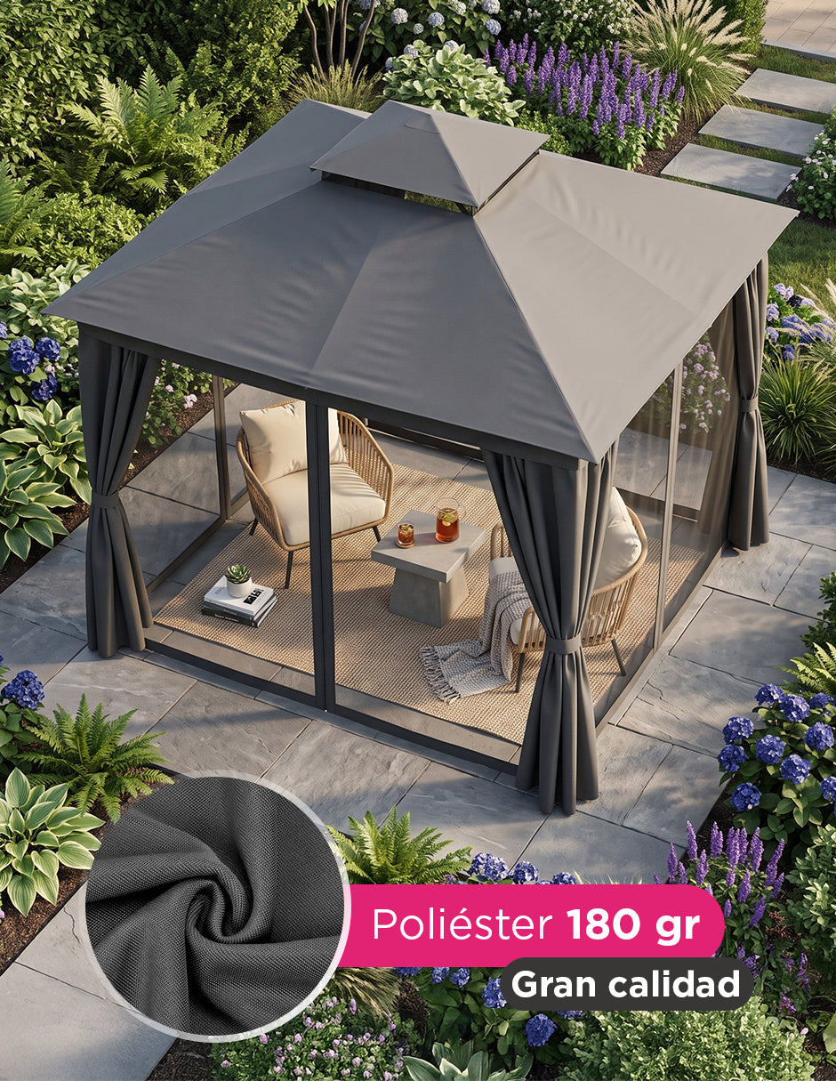 Toldo Exterior Oregón 3.6 x 3m Gris con Cortinas, Malla Anti-Insectos y Doble Ventila