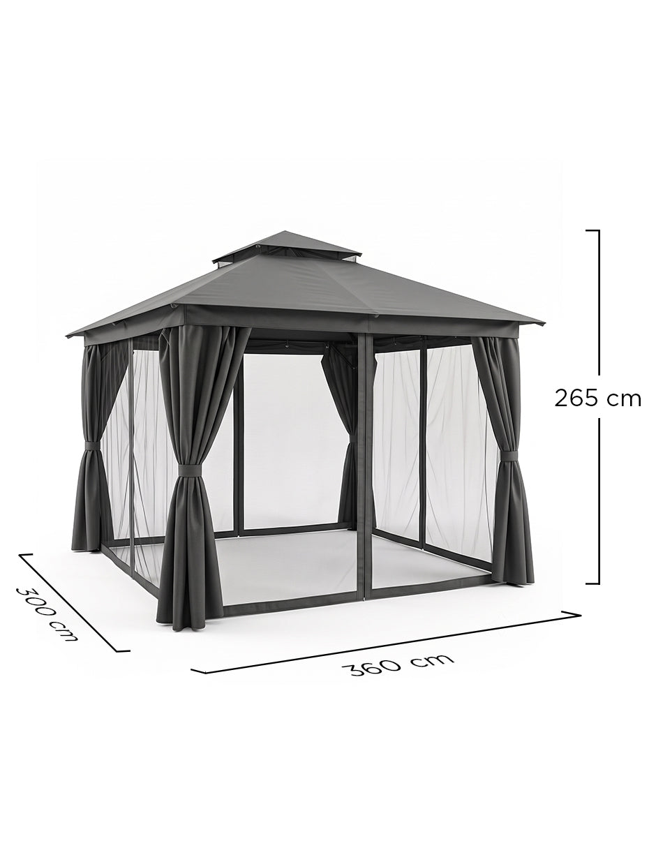Toldo Exterior Oregón 3.6 x 3m Gris con Cortinas, Malla Anti-Insectos y Doble Ventila