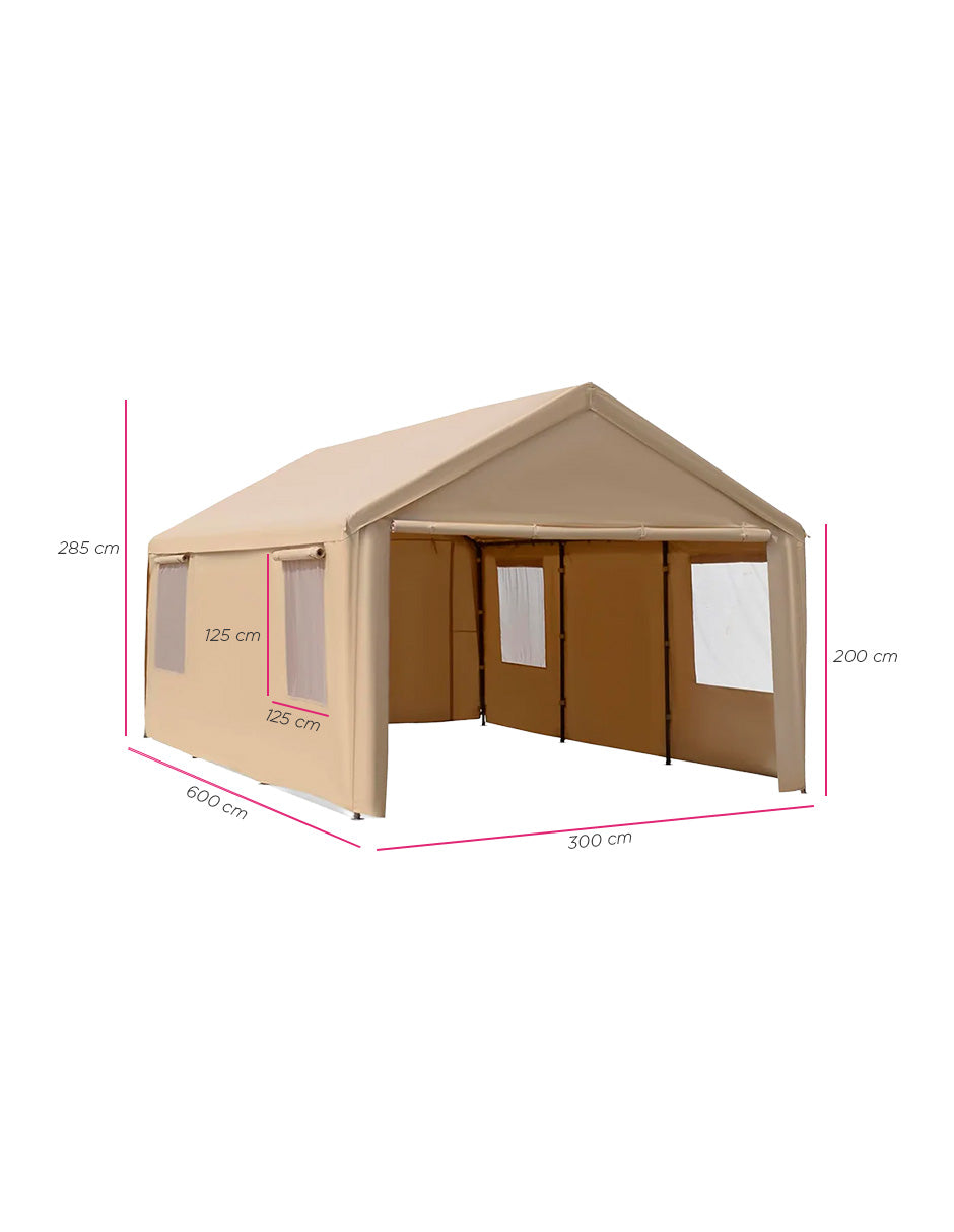 Toldo Garaje para Auto 6x3m Beige con Paredes Extraíbles, Lona Impermeable UV 180g y Ventanas de Malla