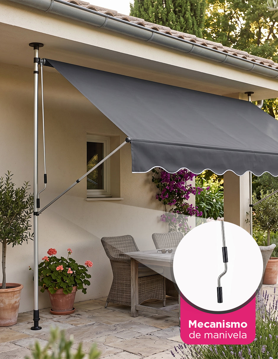 Toldo Marquesina Retráctil Maine Gris 3 x1 .5m de Manivela con Altura Ajustable