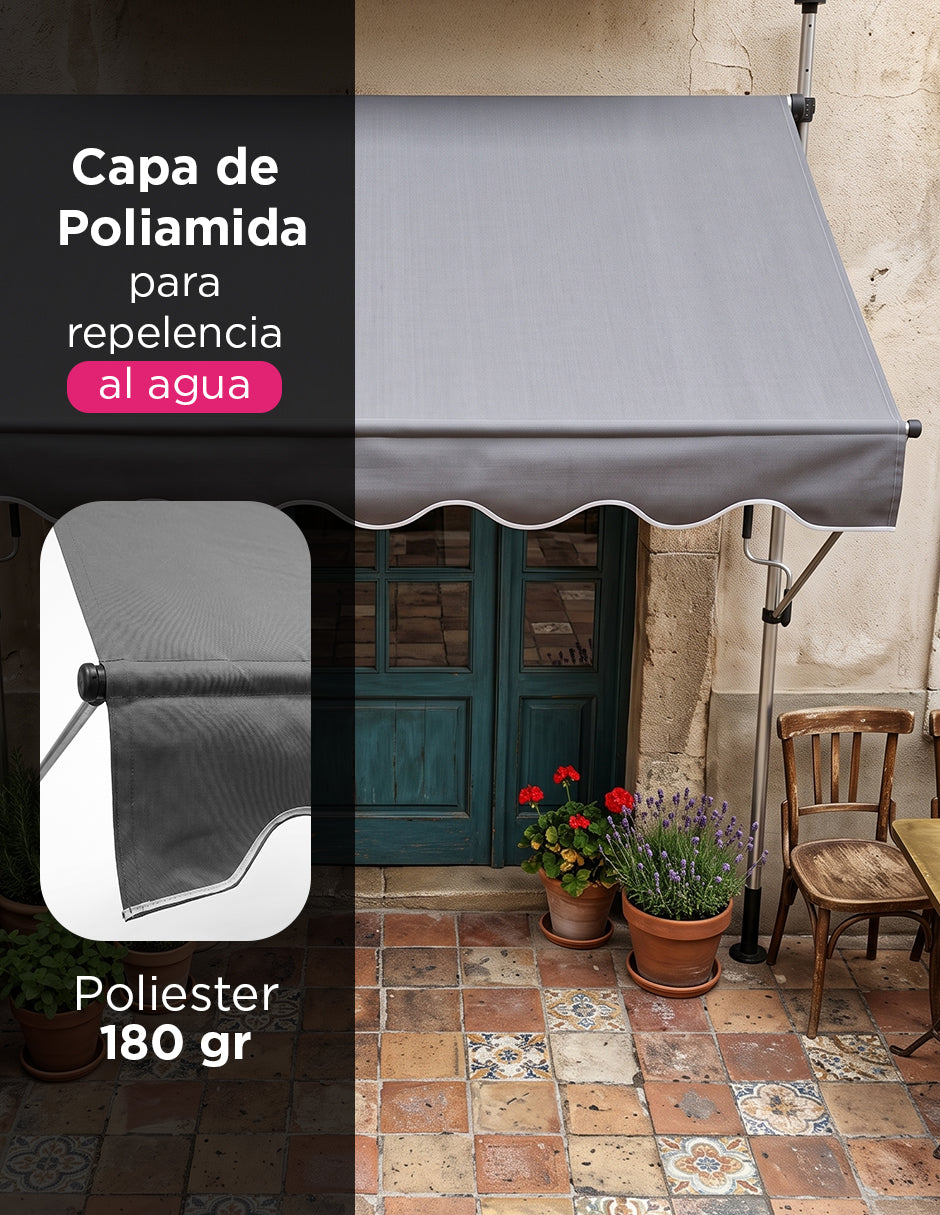 Toldo Marquesina Retráctil Misuri Gris 2x1.5m de Manivela con Altura Ajustable
