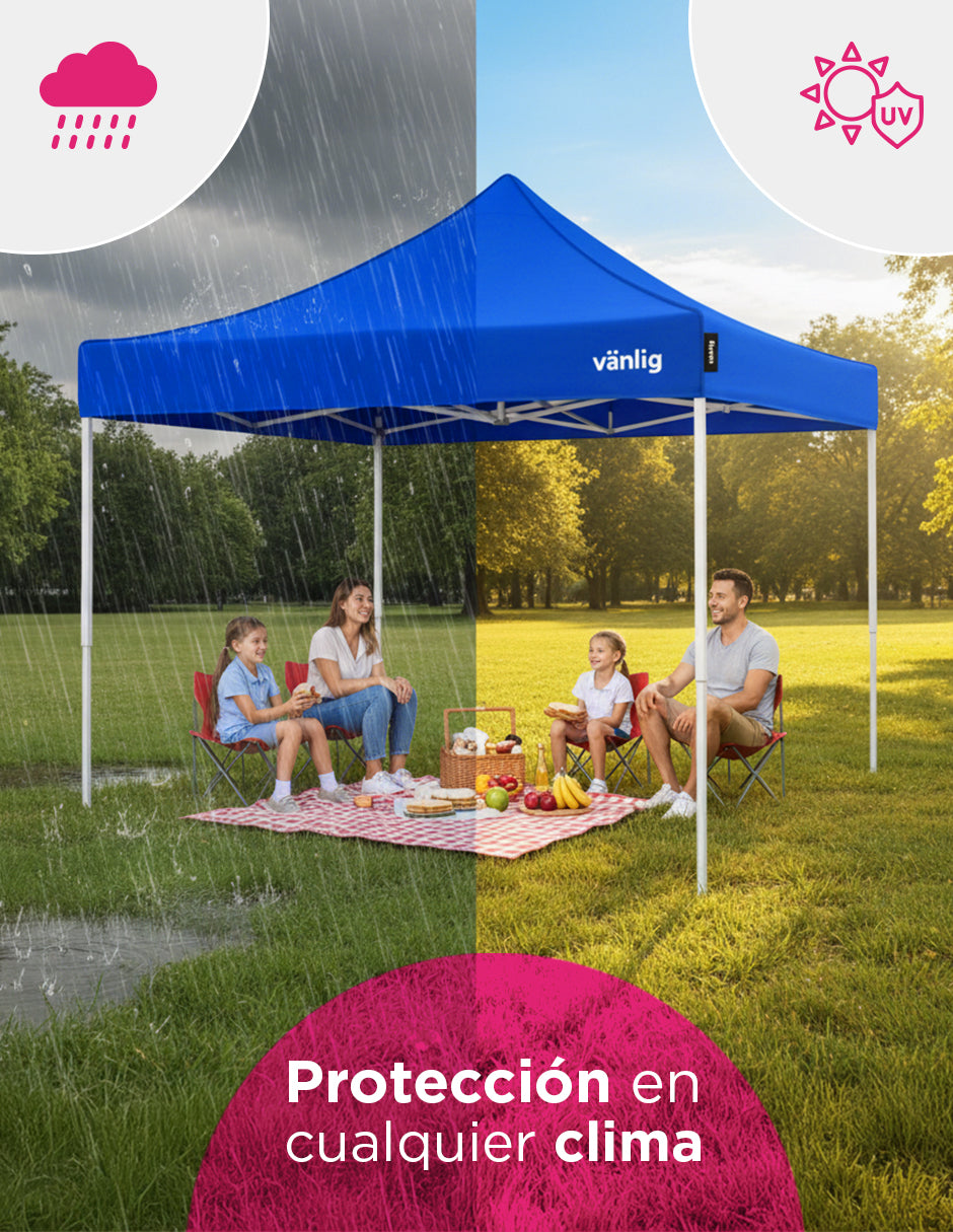 Toldo Plegable Reforzado 3x3 m Americano Azul Vänlig - Carpa Reforzada Impermeable con Filtro UV