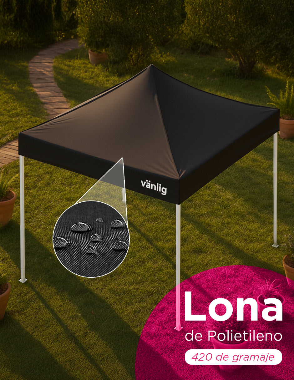 Toldo Plegable Reforzado 3x3 m Americano Negro Vänlig - Carpa Reforzada Impermeable con Filtro UV