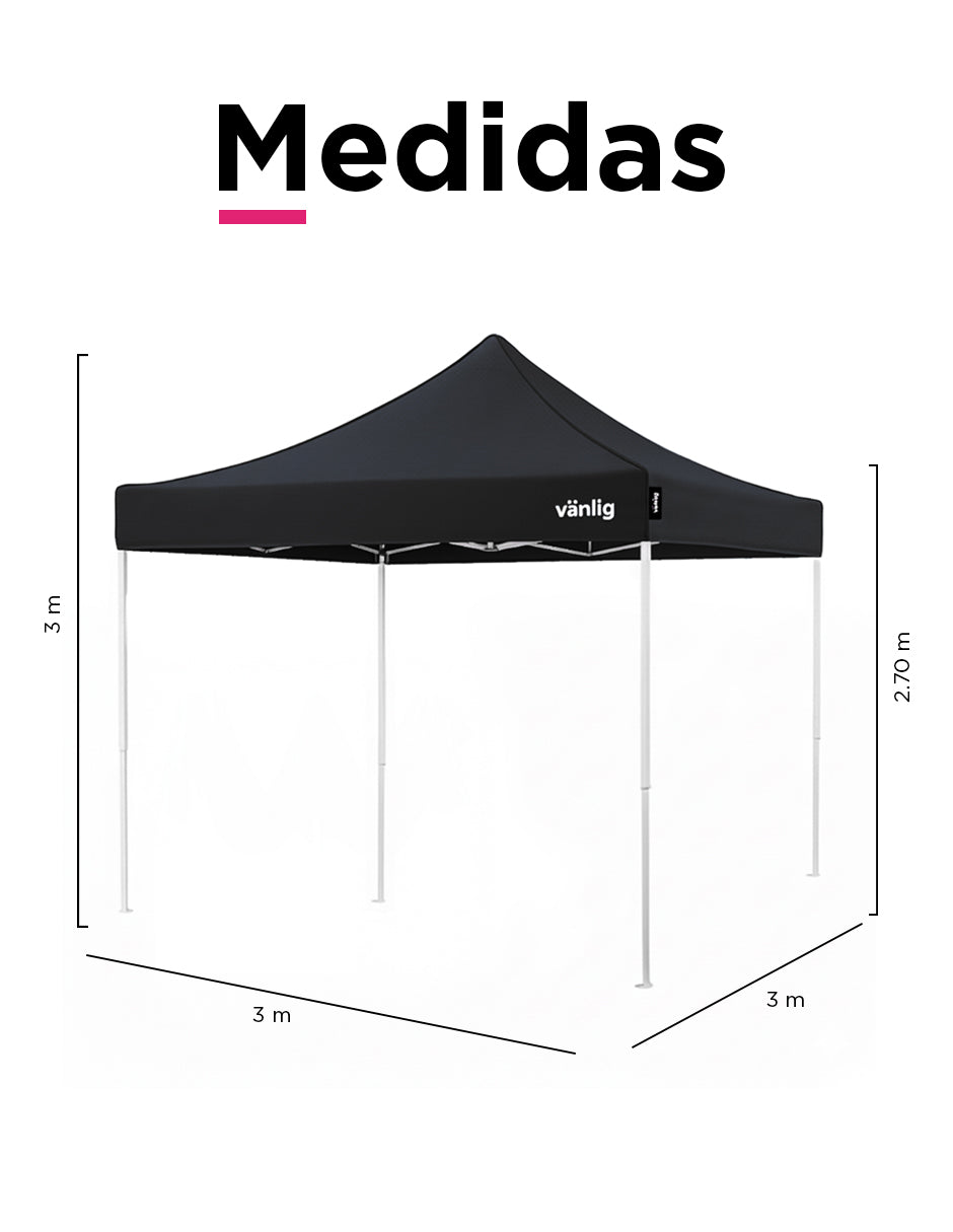 Toldo Plegable Reforzado 3x3 m Americano Negro Vänlig - Carpa Reforzada Impermeable con Filtro UV