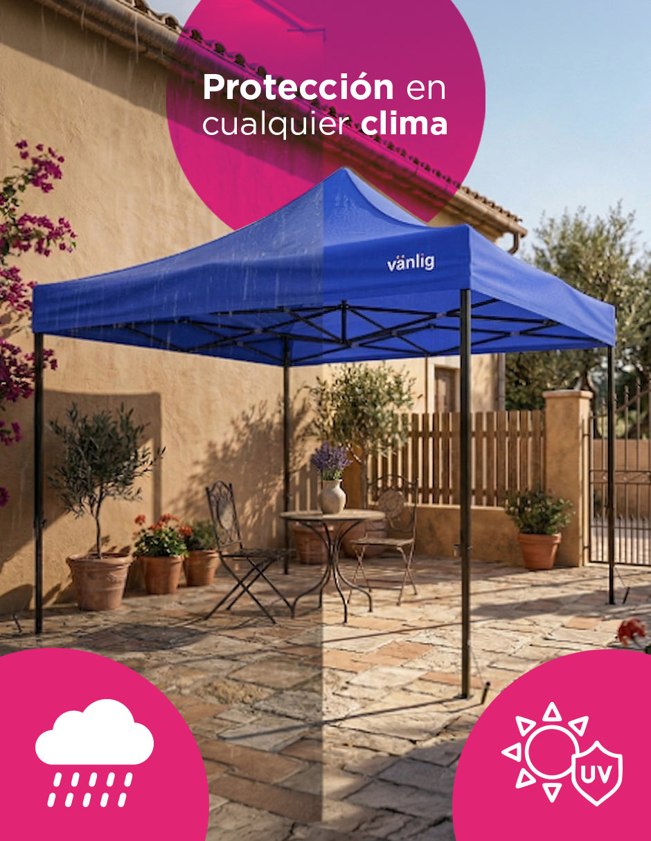 Toldo Plegable Vanlig 3x3m Azul: Estructura de Acero Reforzado y Lona Oxford 420D de Alta Densidad