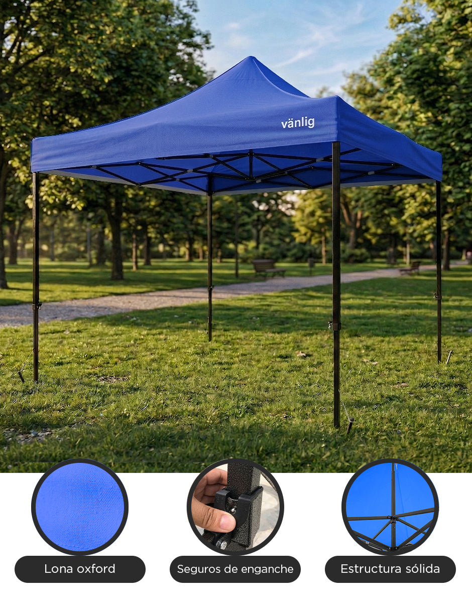 Toldo Plegable Vanlig 3x3m Azul: Estructura de Acero Reforzado y Lona Oxford 420D de Alta Densidad
