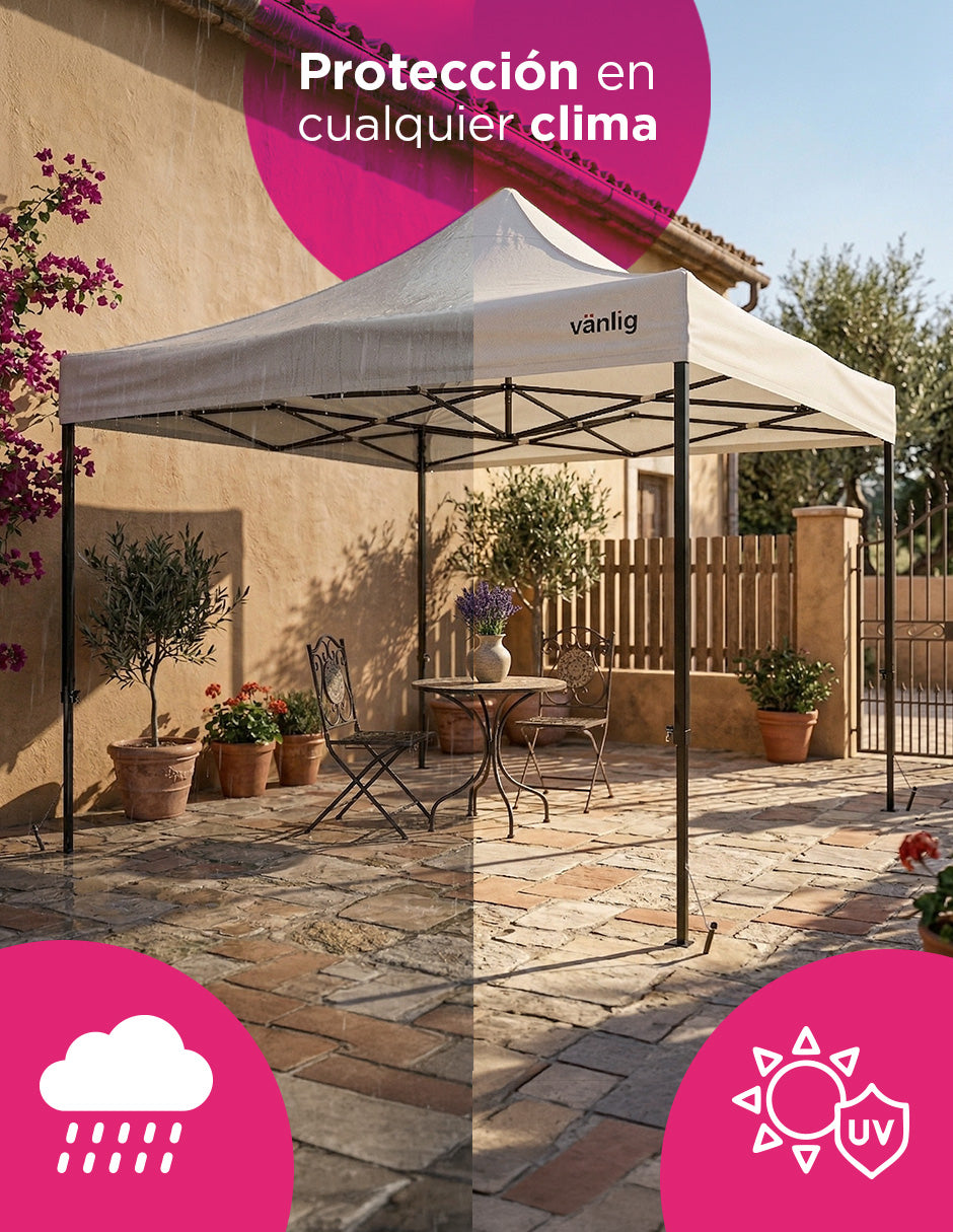 Toldo Plegable Vanlig 3x3m Blanco: Estructura de Acero Reforzado y Lona Oxford 420D de Alta Densidad
