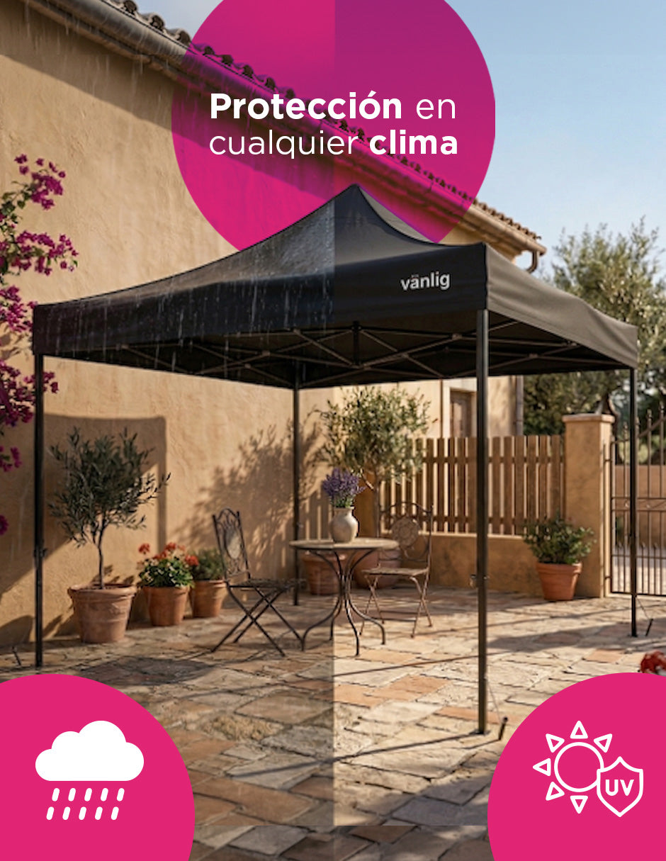 Toldo Plegable Vanlig 3x3m Negro: Estructura de Acero Reforzado y Lona Oxford 420D de Alta Densidad