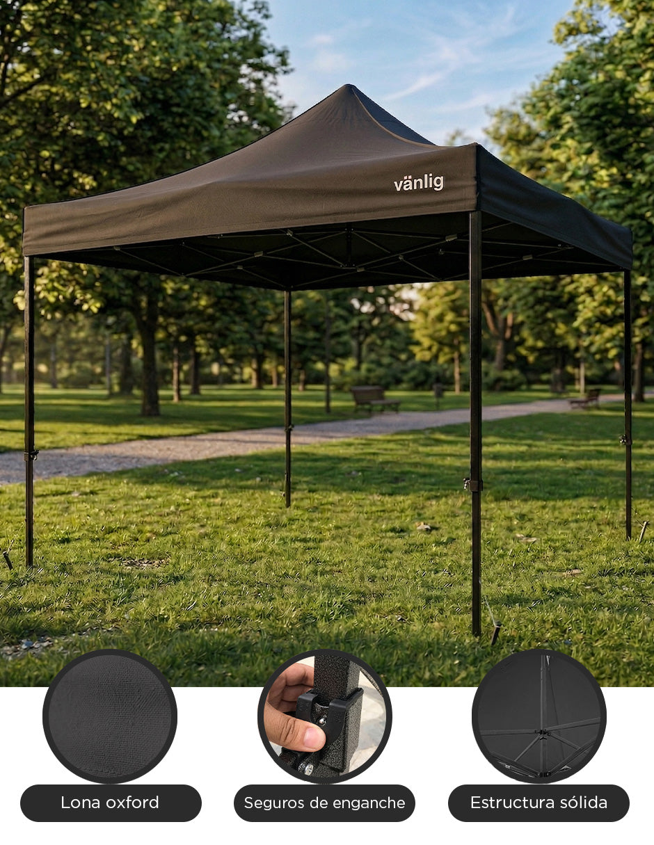 Toldo Plegable Vanlig 3x3m Negro: Estructura de Acero Reforzado y Lona Oxford 420D de Alta Densidad