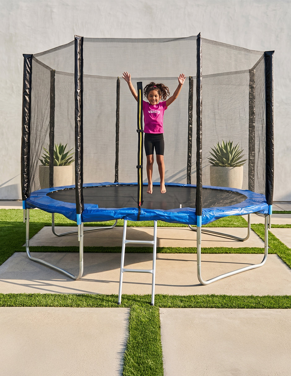 Trampolín Armable de 12FT Azul con Red de Seguridad, Estructura de Acero Galvanizado y Escalera de Acceso