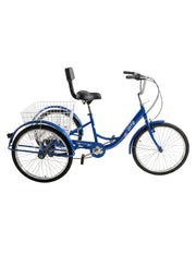 Triciclo para Adultos Color Azul de Vanlig R24 - Bicicleta de 3 Ruedas con 7 Velocidades Shimano y Canasta