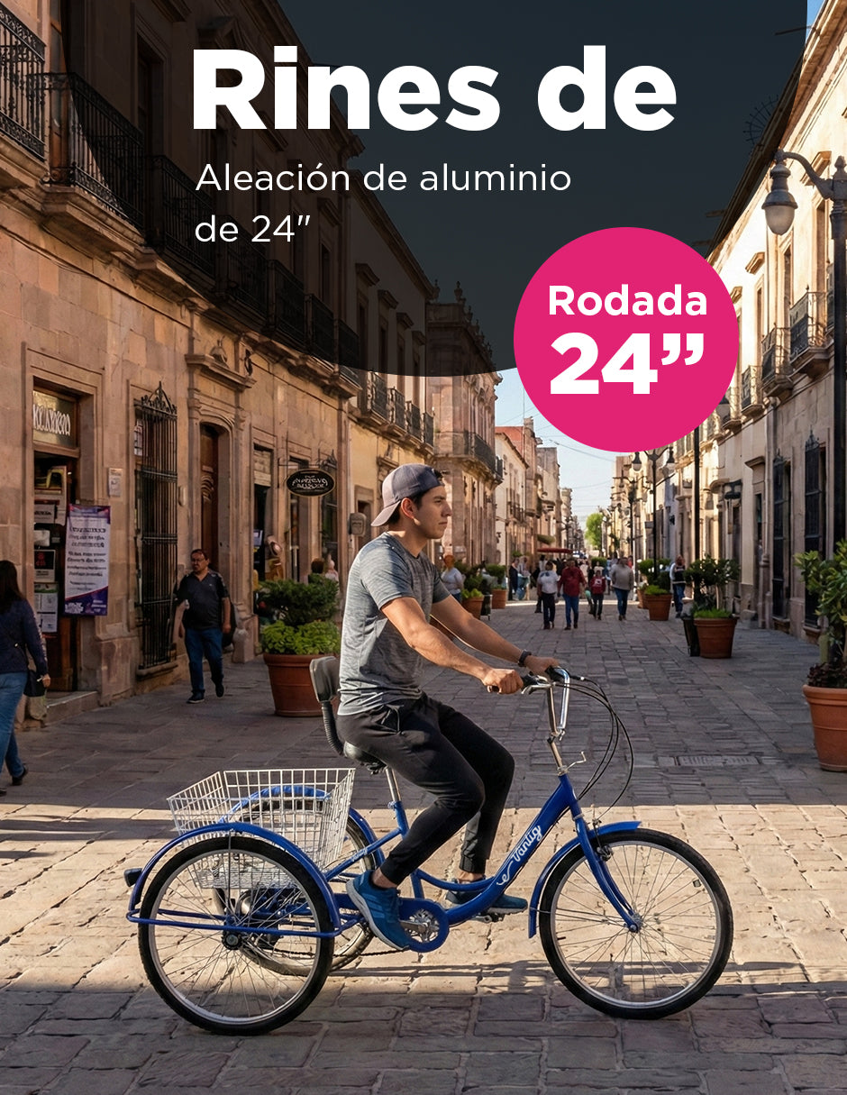 Triciclo para Adultos Color Azul de Vanlig R24 - Bicicleta de 3 Ruedas con 7 Velocidades Shimano y Canasta