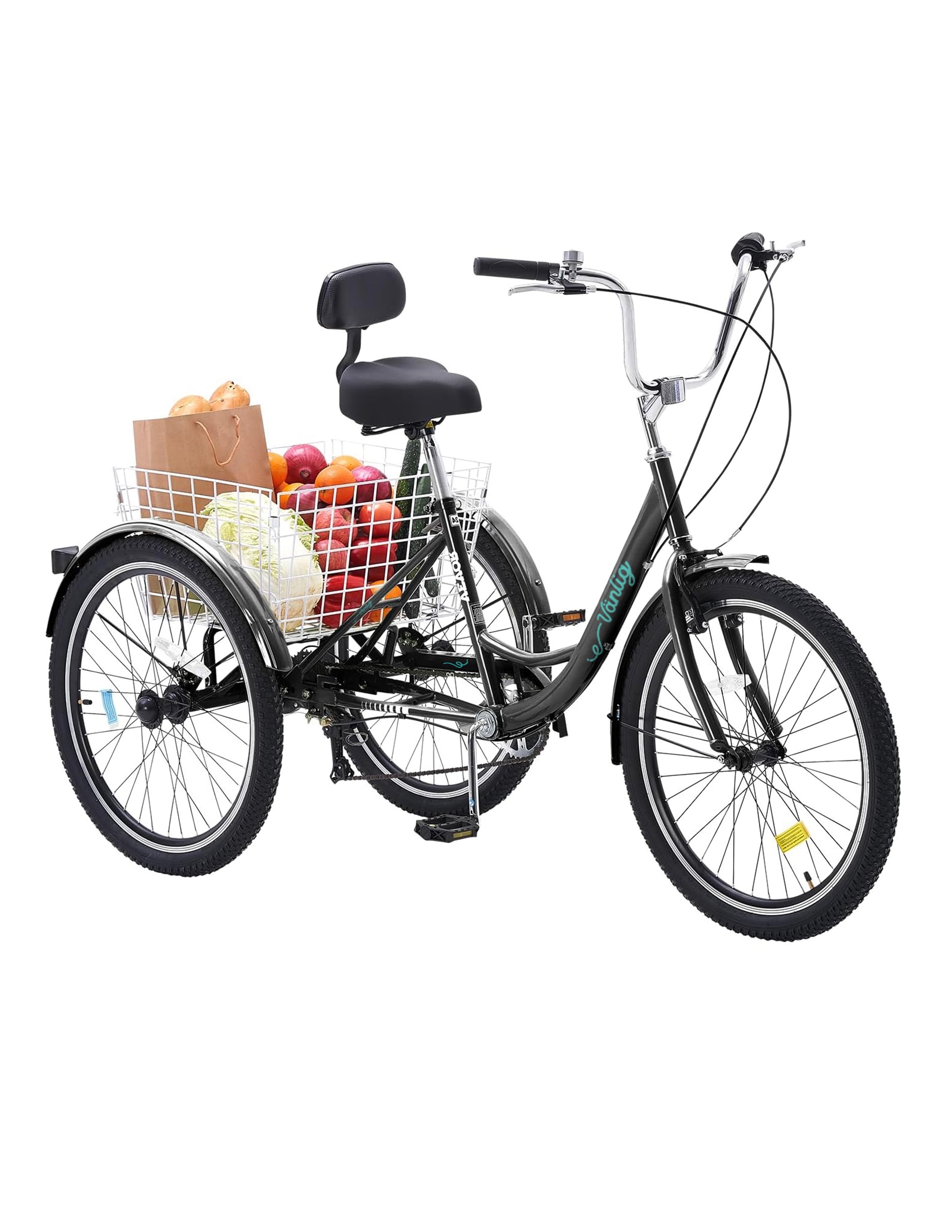 Triciclo para Adultos Color Negro de Vanlig R24 - Bicicleta de 3 Ruedas con 7 Velocidades Shimano y Canasta
