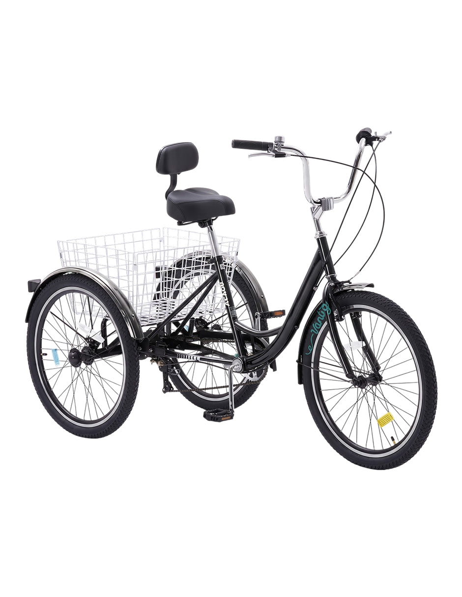 Triciclo para Adultos Color Negro de Vanlig R24 - Bicicleta de 3 Ruedas con 7 Velocidades Shimano y Canasta