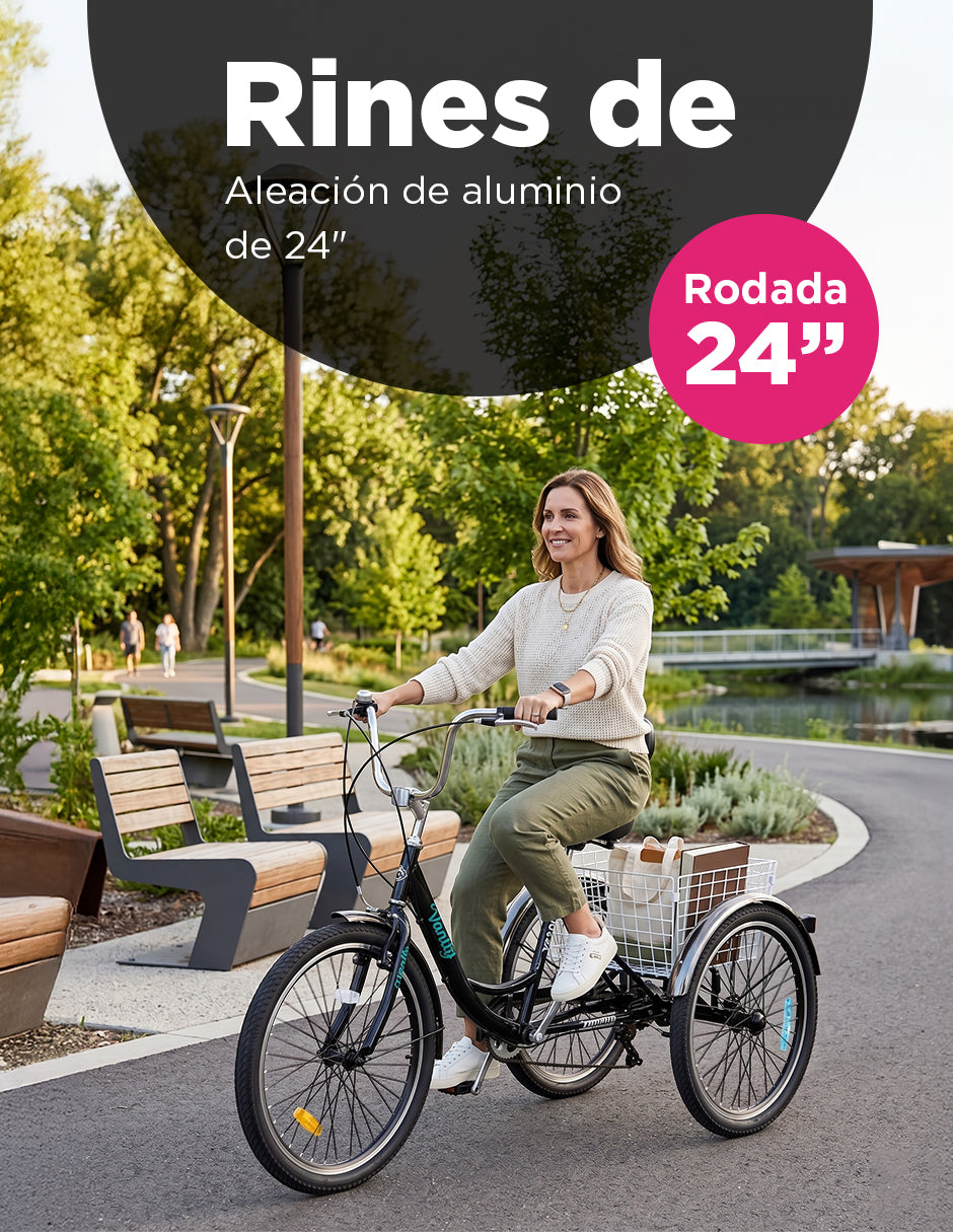 Triciclo para Adultos Color Negro de Vanlig R24 - Bicicleta de 3 Ruedas con 7 Velocidades Shimano y Canasta