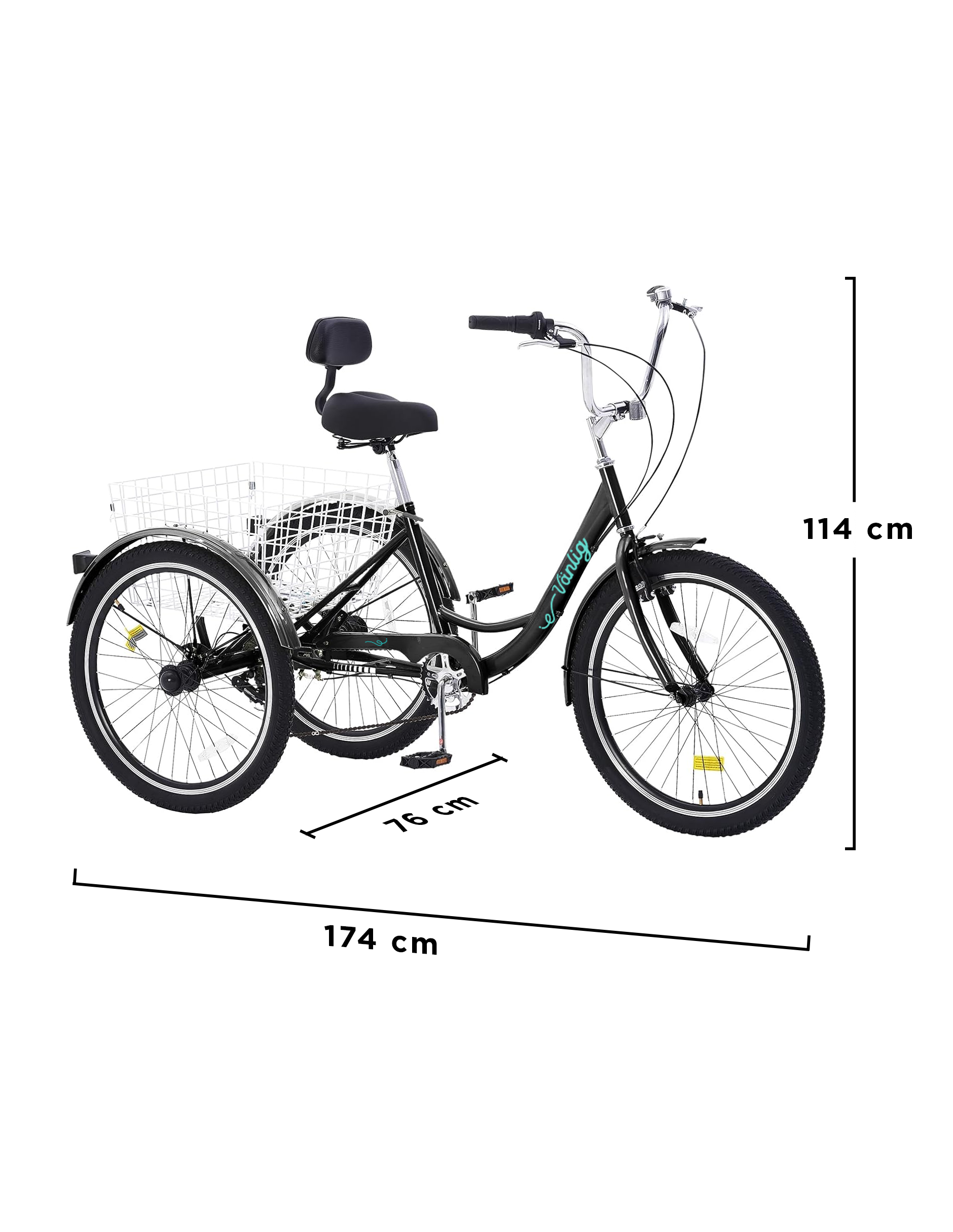 Triciclo para Adultos Color Negro de Vanlig R24 - Bicicleta de 3 Ruedas con 7 Velocidades Shimano y Canasta