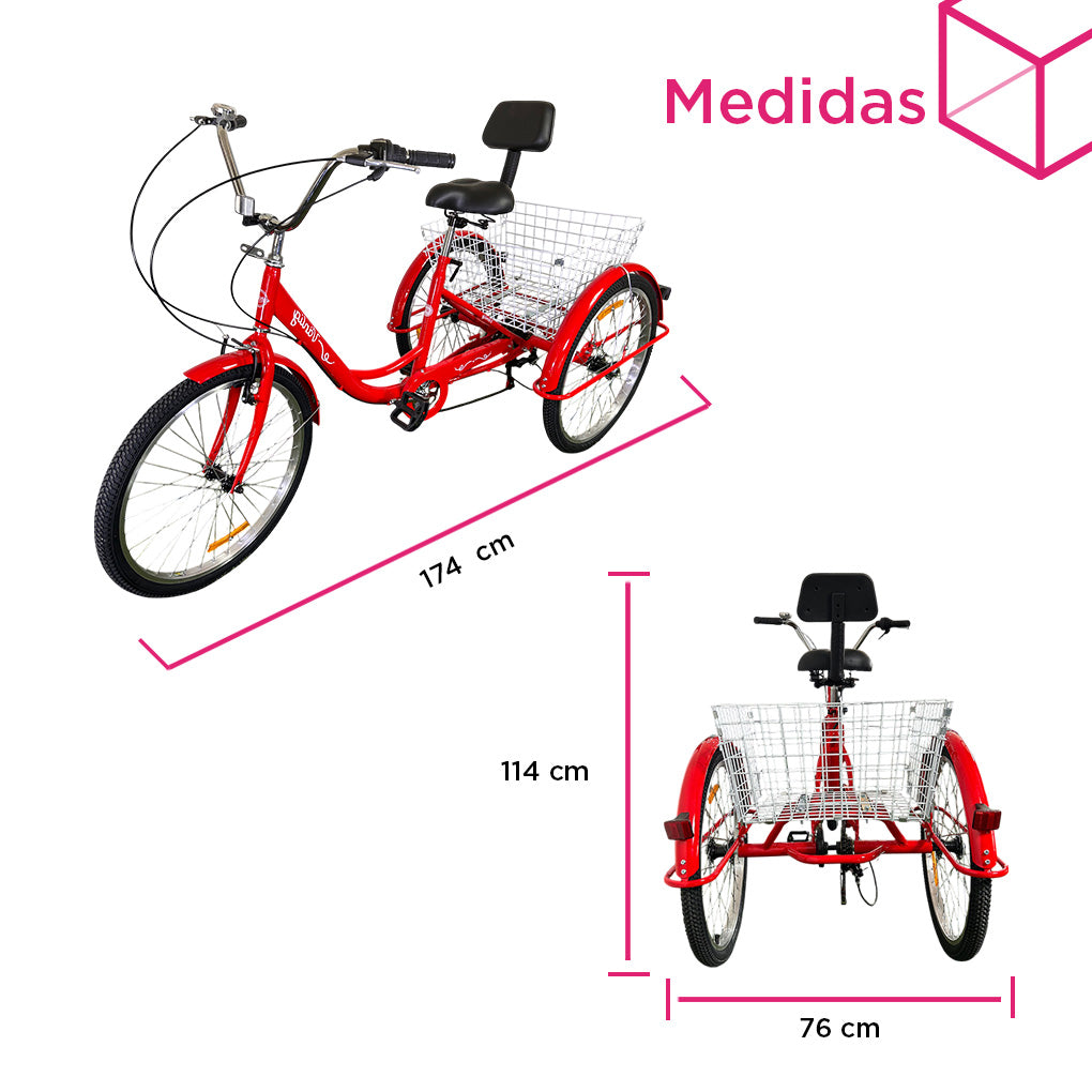 Triciclo para Adultos Color Rojo de Vanlig R24 - Bicicleta de 3 Ruedas con 7 Velocidades Shimano y Canasta