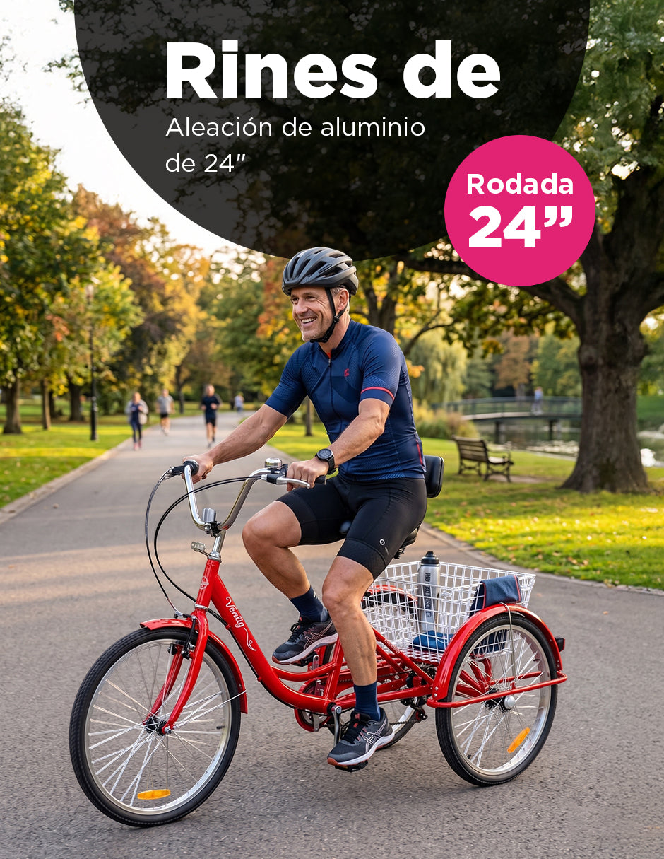 Triciclo para Adultos Color Rojo de Vanlig R24 - Bicicleta de 3 Ruedas con 7 Velocidades Shimano y Canasta
