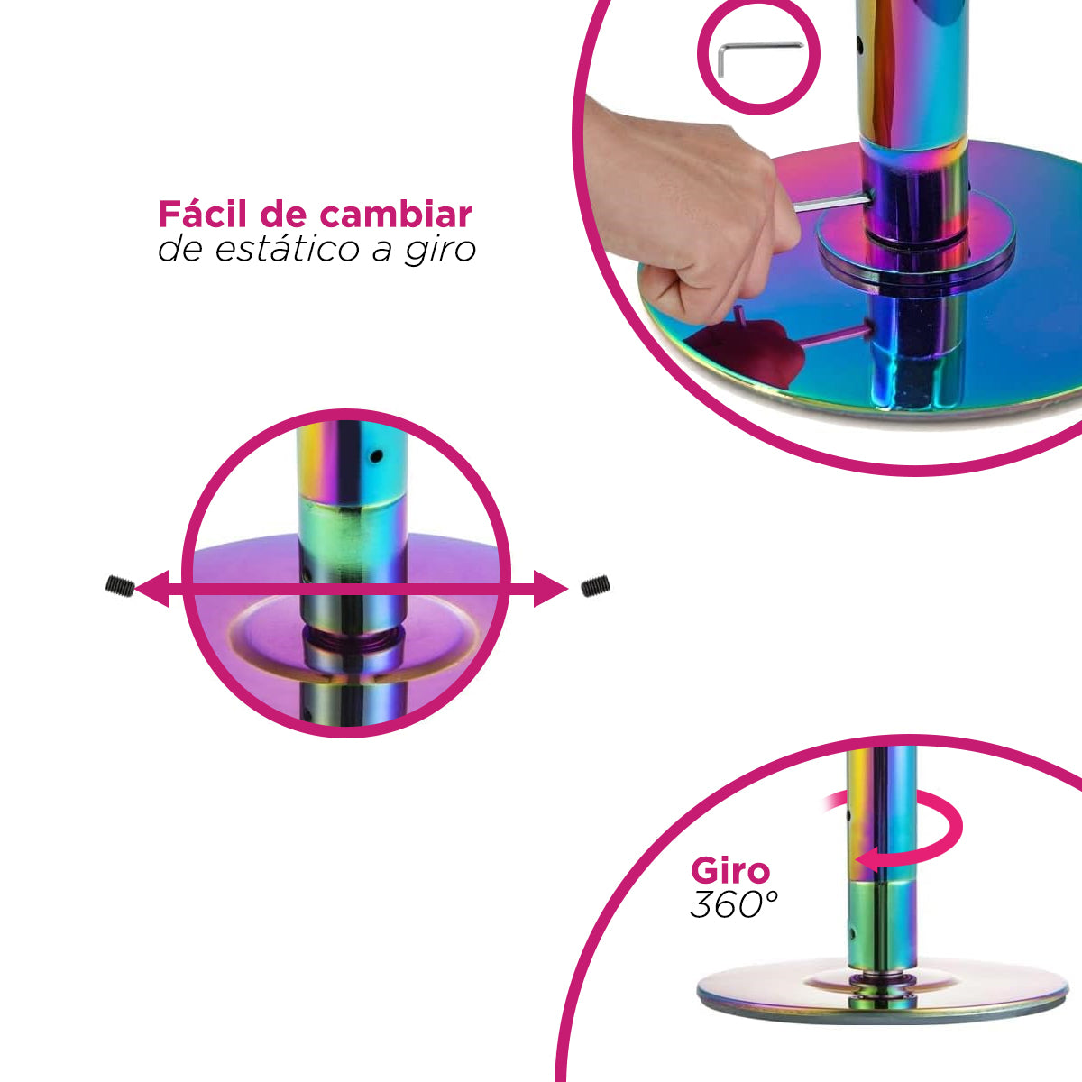 Tubo de Pole Dance Profesional Ajustable Tornasol para Ejercicio Fitness con Modo Giratorio y Estático
