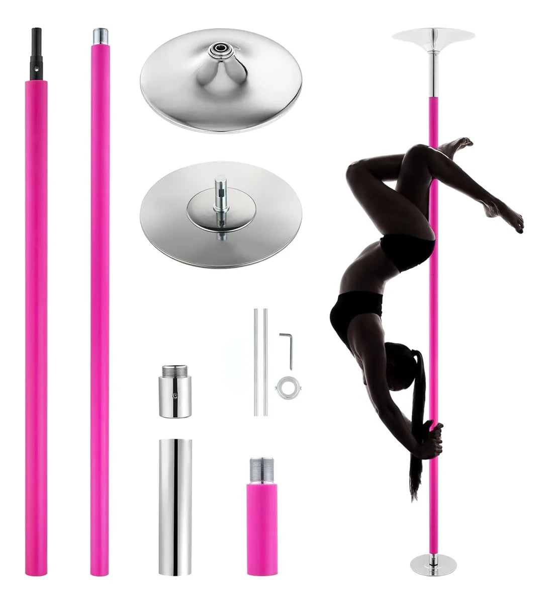 Tubo de Pole Dance Profesional Giratorio de Altura Ajustable con Fijación a Presión Color Rosa