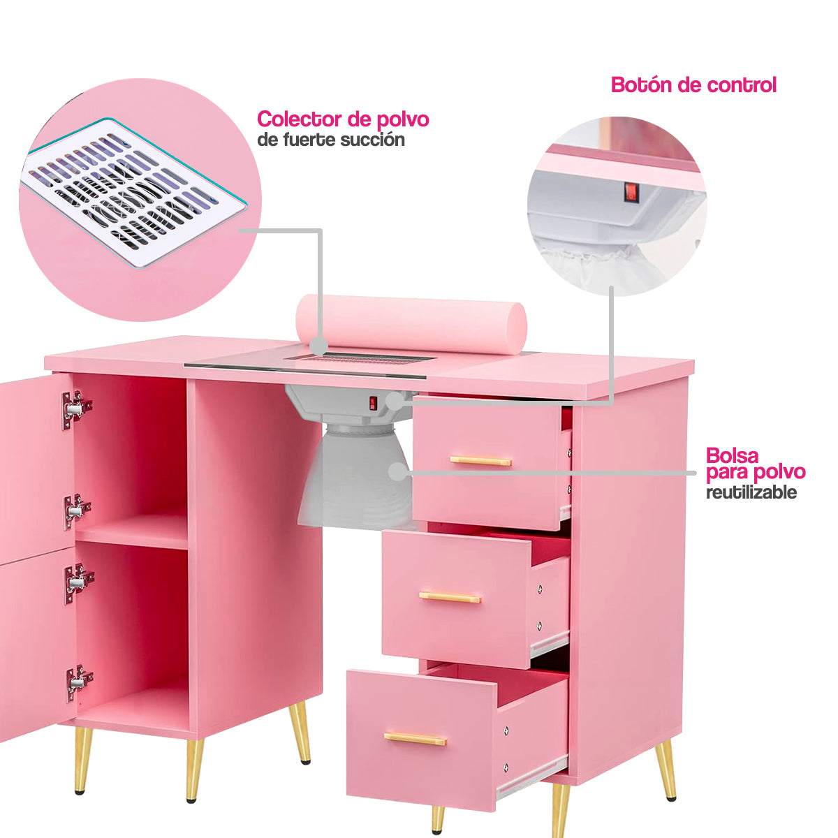 Mesa De Manicura, Estación De Mesa De Uñas Con Colector De Polvo Eléctrico (rosa)