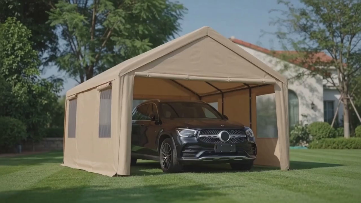 Cargar vídeo: Toldo Garaje para Auto 6x3m Beige con Paredes Extraíbles, Lona Impermeable UV 180g y Ventanas de Malla