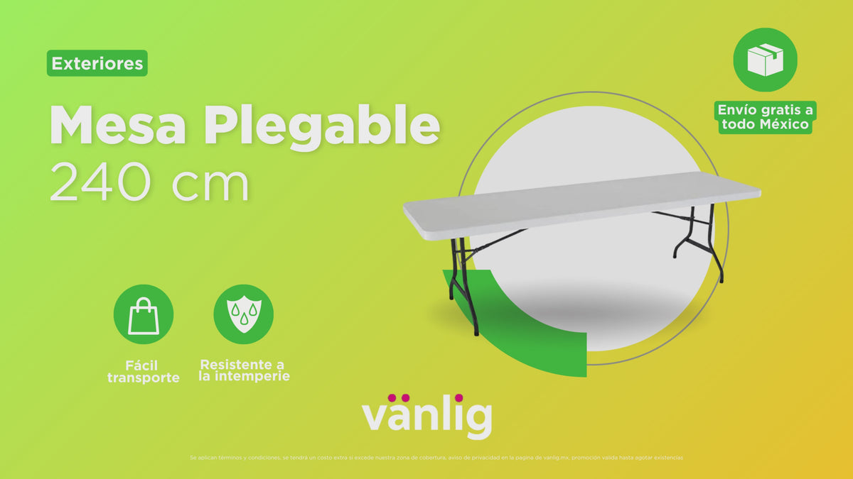 Cargar vídeo: Mesa Plegable Tipo Portafolio 2.44 m Vänlig Blanca - Tablón Multifuncional para Eventos y Jardín
